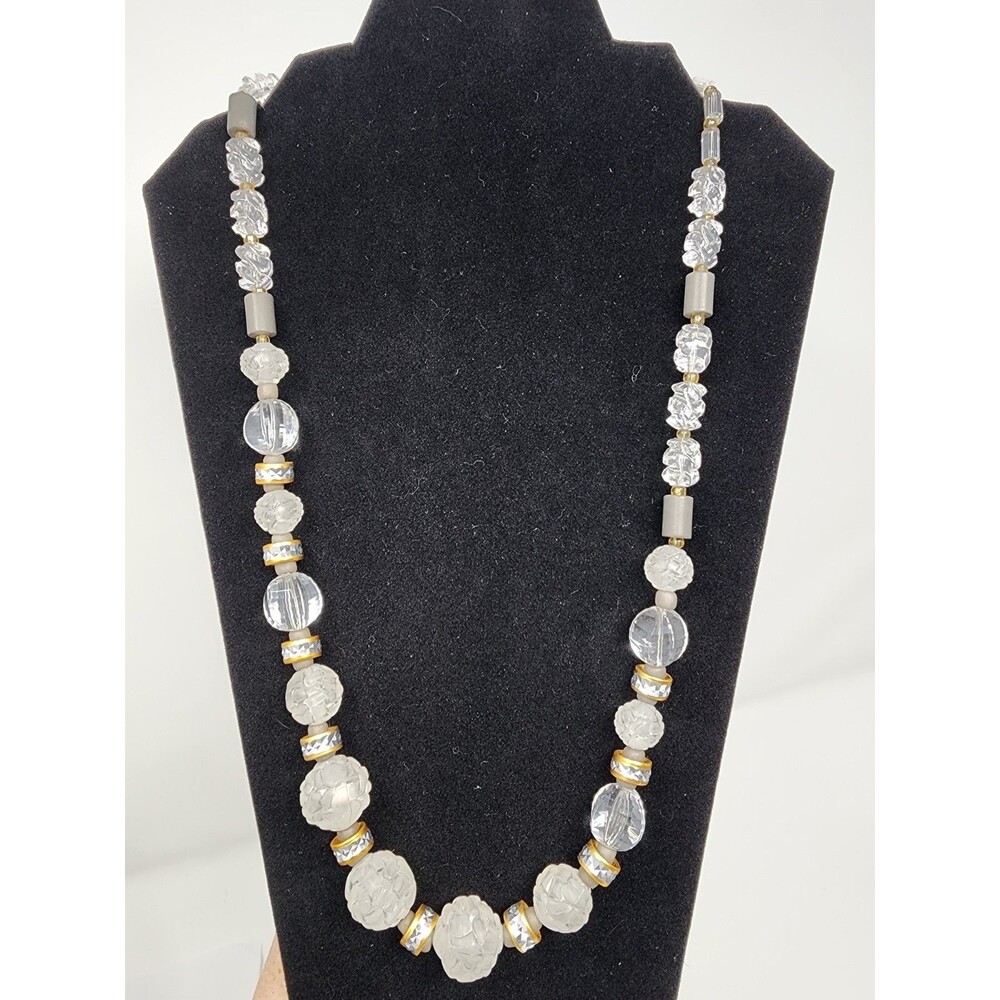 Vintage Hobé Frosted Floral Glass Bead Necklace Clear & Gold Tone 26" MCM Opera